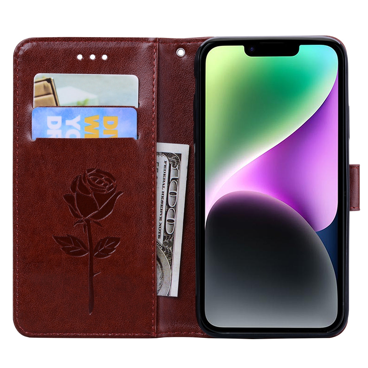 ELECTROPRIME For iPhone 15 Rose Embossed Flip PU Leather Phone Case(Brown)