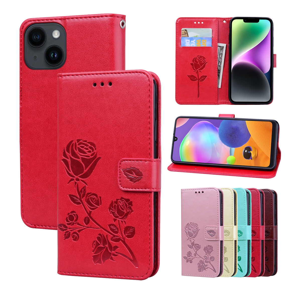 ELECTROPRIME For iPhone 15 Rose Embossed Flip PU Leather Phone Case(Red)
