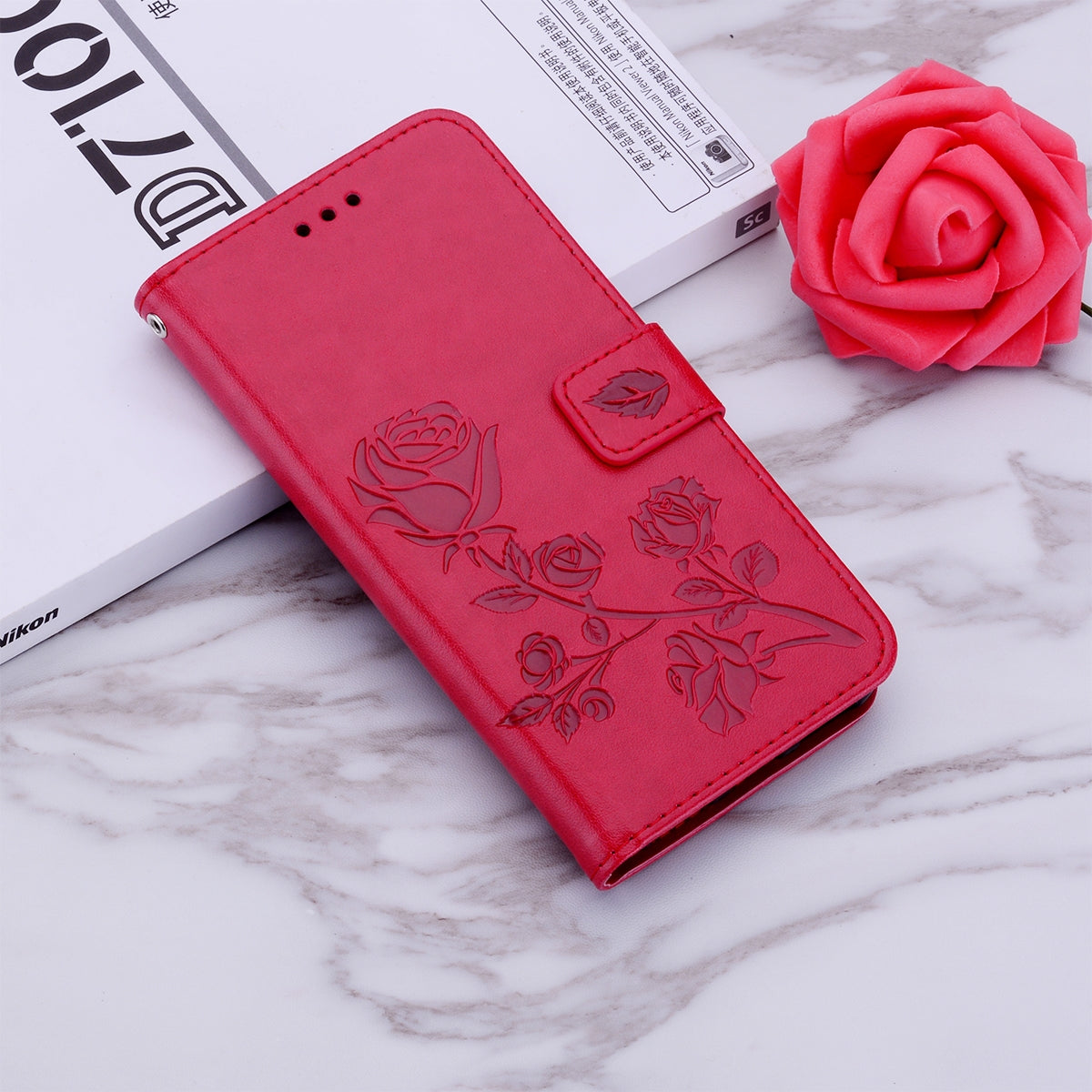 ELECTROPRIME For iPhone 15 Rose Embossed Flip PU Leather Phone Case(Red)