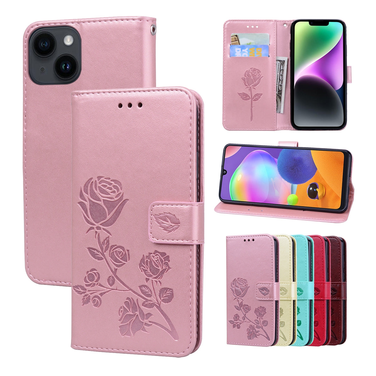 ELECTROPRIME For iPhone 15 Rose Embossed Flip PU Leather Phone Case(Rose Gold)