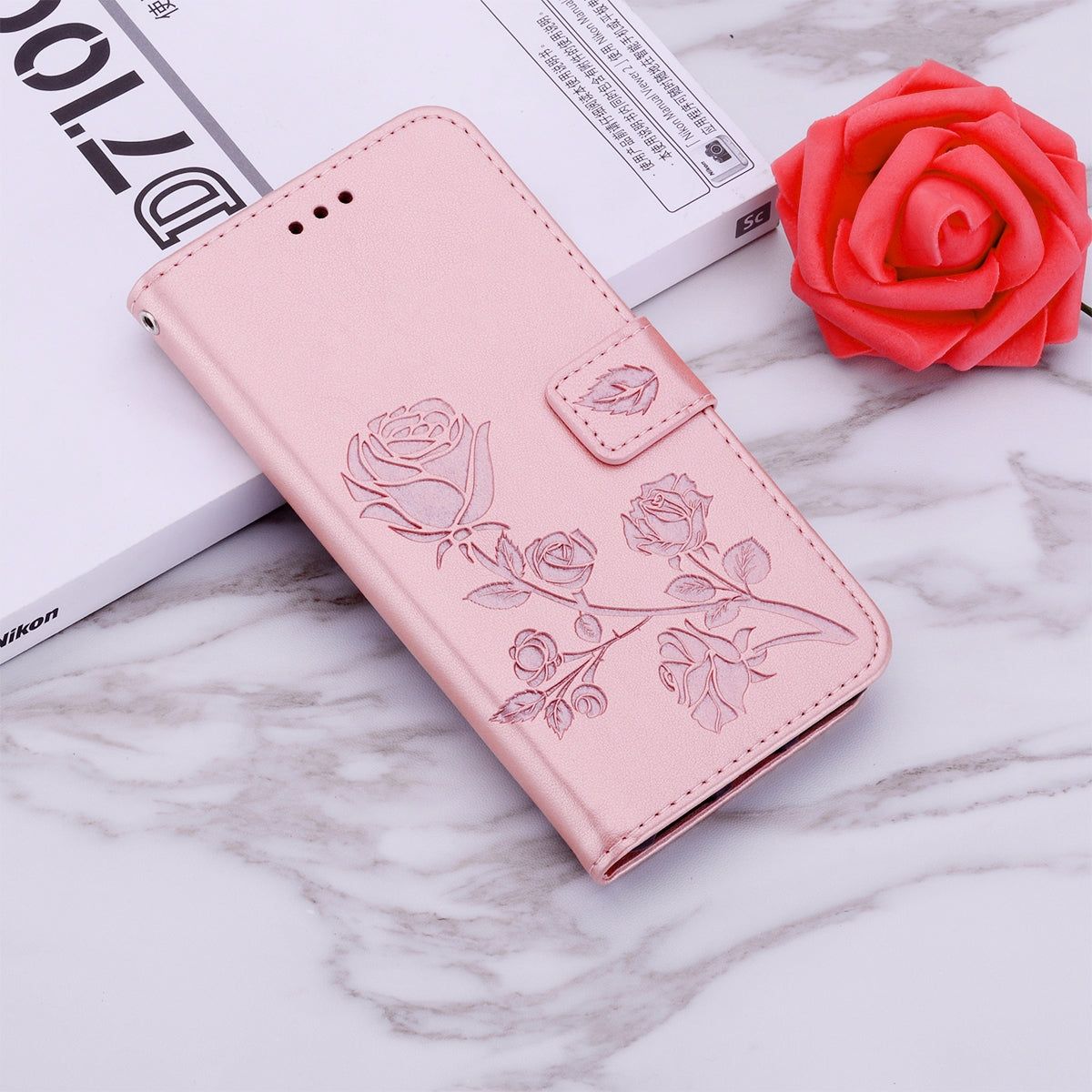 ELECTROPRIME For iPhone 15 Rose Embossed Flip PU Leather Phone Case(Rose Gold)