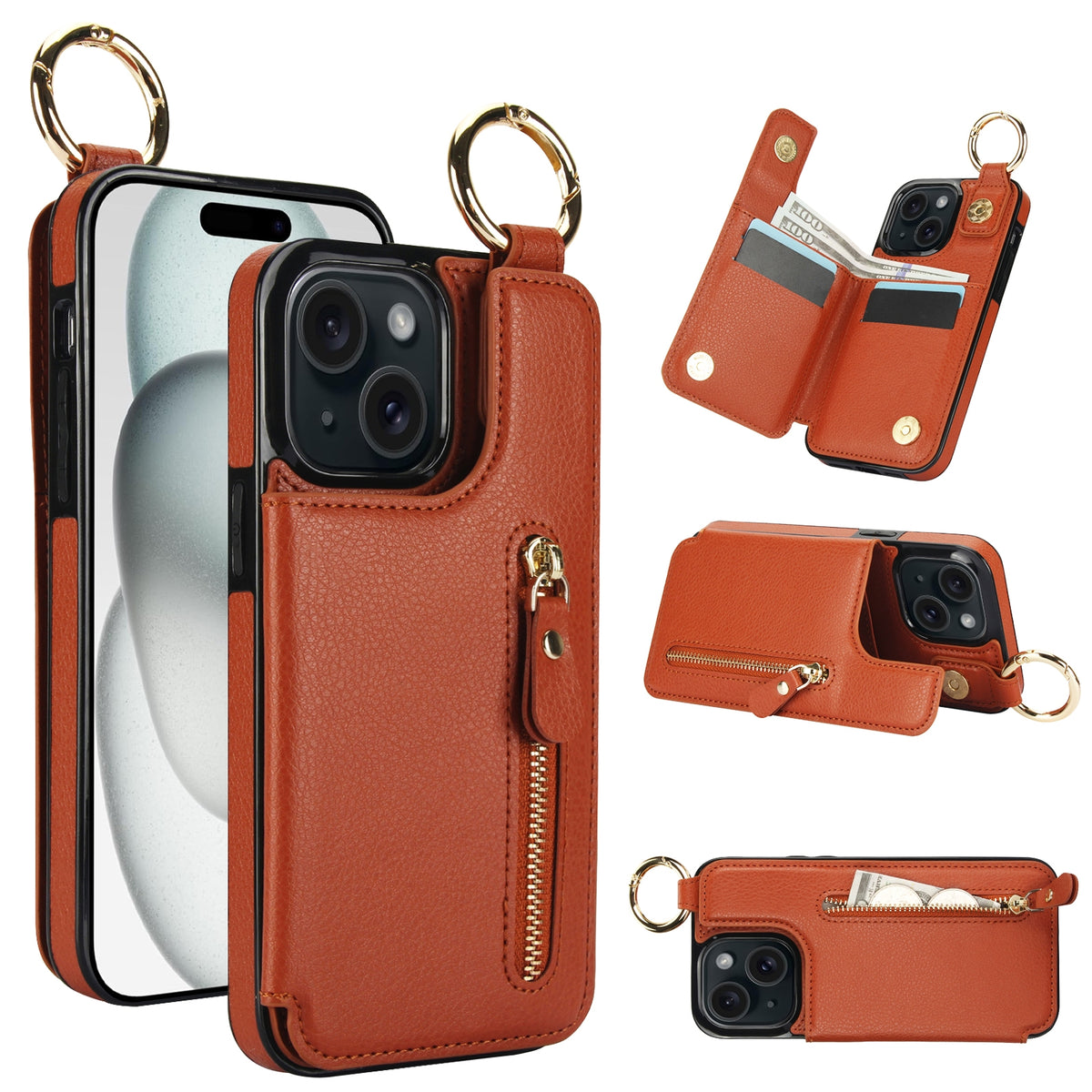 ELECTROPRIME For iPhone 15 Litchi Texture Zipper Double Buckle Card Bag Phone Case(Brown)