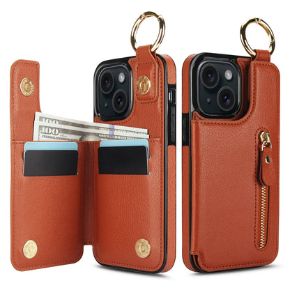 ELECTROPRIME For iPhone 15 Litchi Texture Zipper Double Buckle Card Bag Phone Case(Brown)