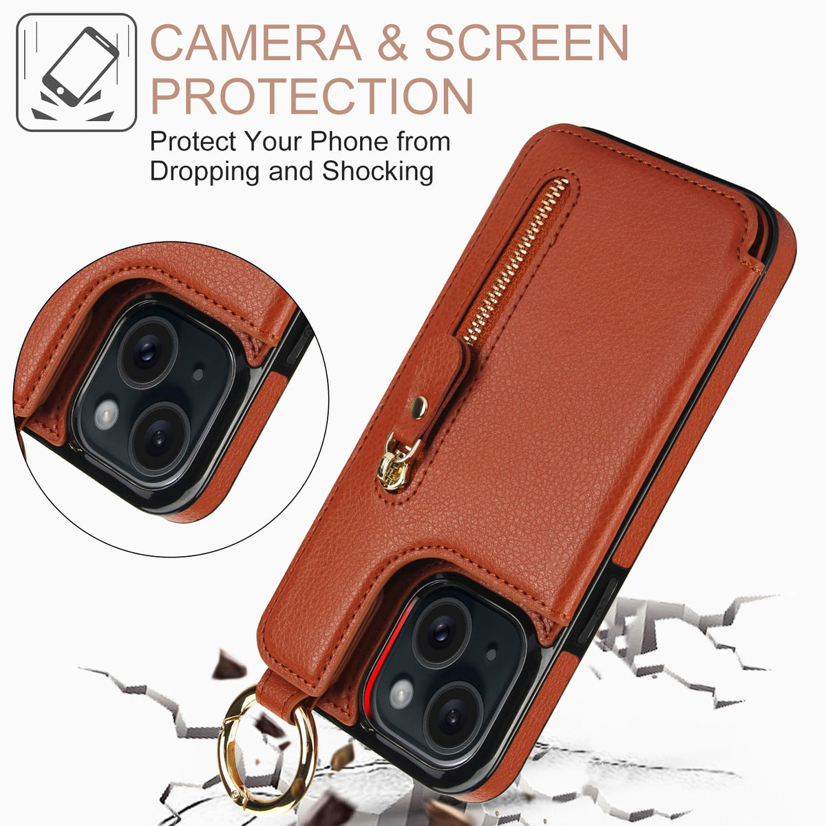 ELECTROPRIME For iPhone 15 Litchi Texture Zipper Double Buckle Card Bag Phone Case(Brown)