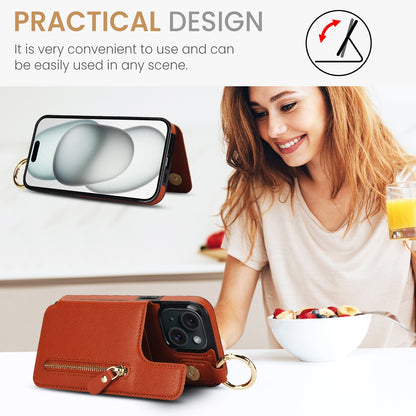 ELECTROPRIME For iPhone 15 Litchi Texture Zipper Double Buckle Card Bag Phone Case(Brown)