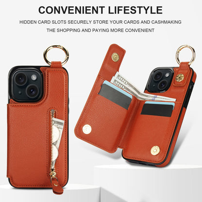 ELECTROPRIME For iPhone 15 Litchi Texture Zipper Double Buckle Card Bag Phone Case(Brown)