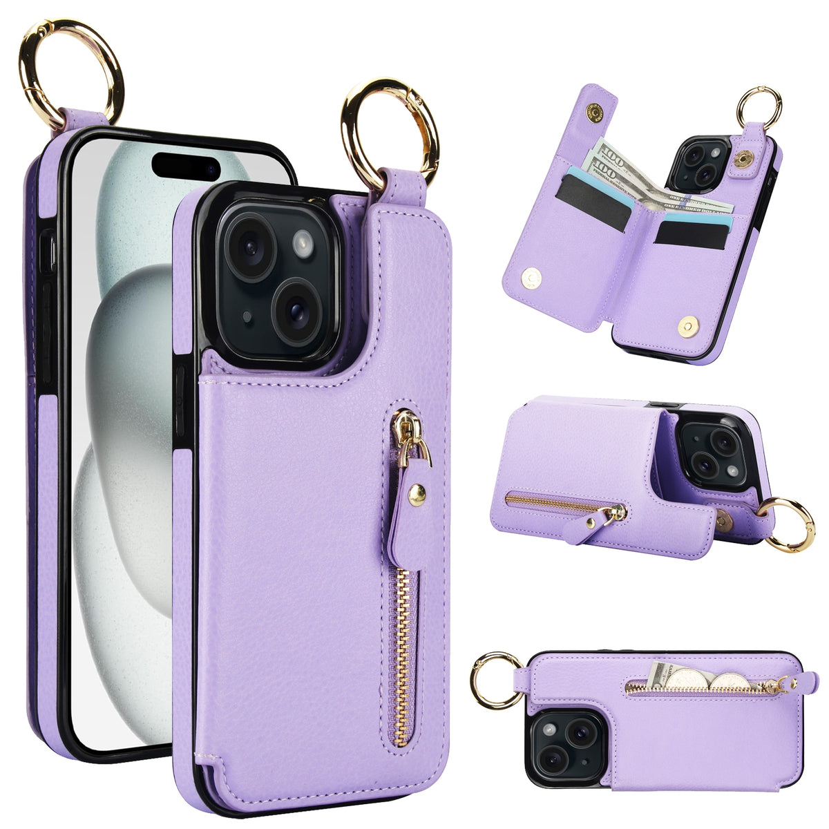 ELECTROPRIME For iPhone 15 Litchi Texture Zipper Double Buckle Card Bag Phone Case(Purple)