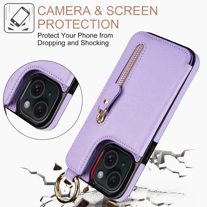ELECTROPRIME For iPhone 15 Litchi Texture Zipper Double Buckle Card Bag Phone Case(Purple)