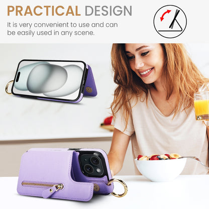 ELECTROPRIME For iPhone 15 Litchi Texture Zipper Double Buckle Card Bag Phone Case(Purple)