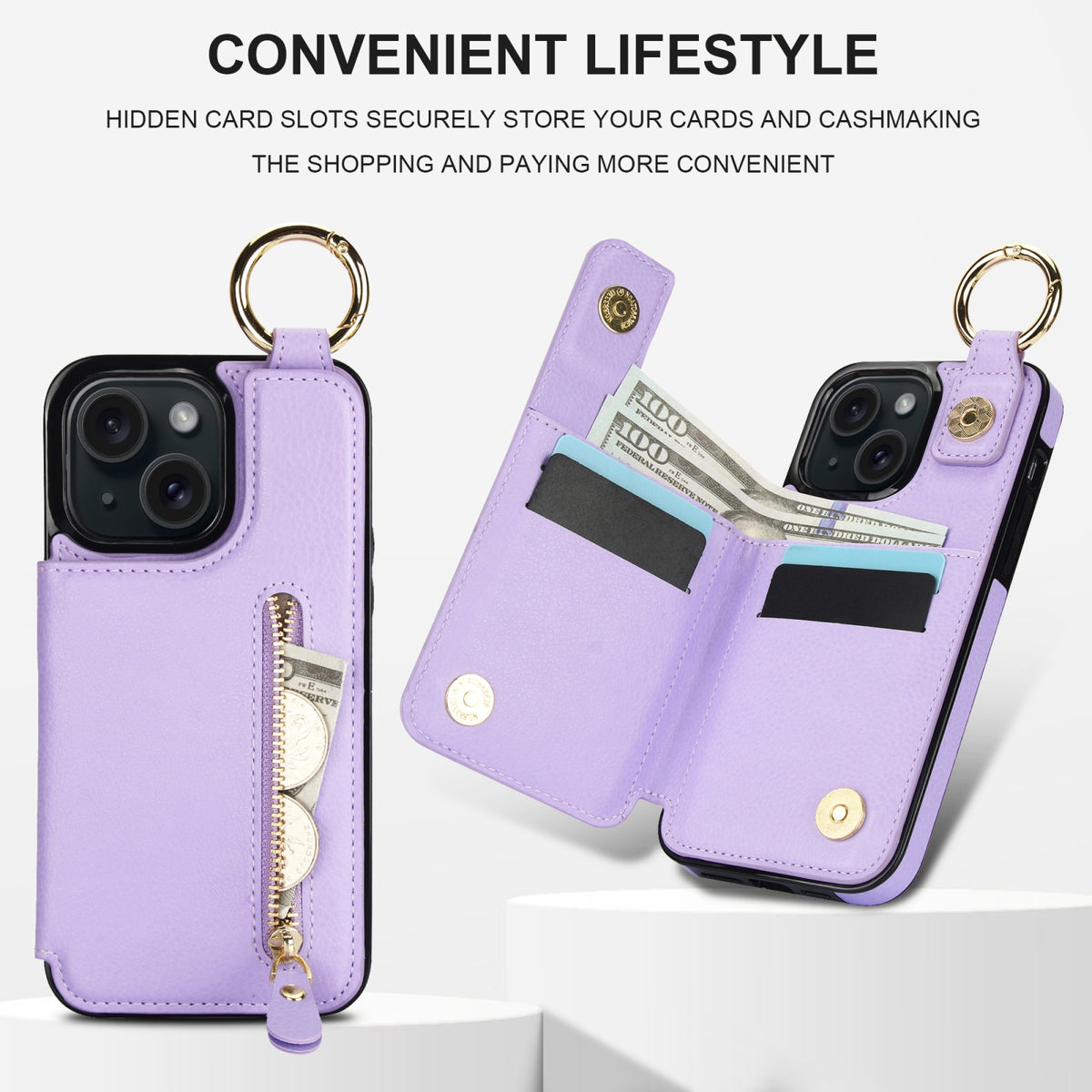 ELECTROPRIME For iPhone 15 Litchi Texture Zipper Double Buckle Card Bag Phone Case(Purple)