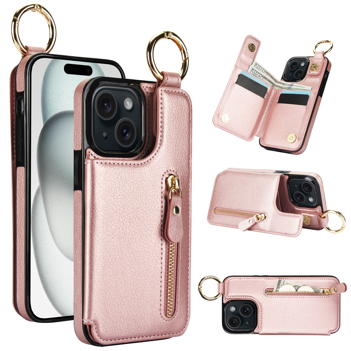 ELECTROPRIME For iPhone 15 Litchi Texture Zipper Double Buckle Card Bag Phone Case(Rose Gold)
