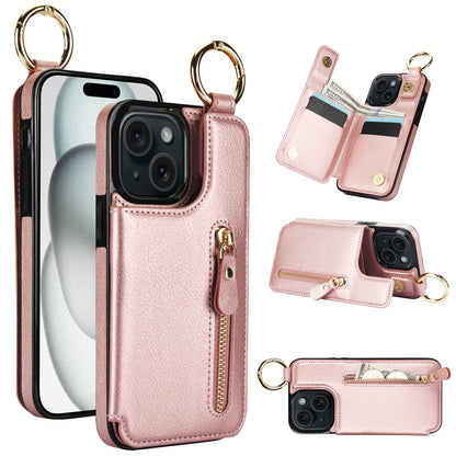 ELECTROPRIME For iPhone 15 Litchi Texture Zipper Double Buckle Card Bag Phone Case(Rose Gold)
