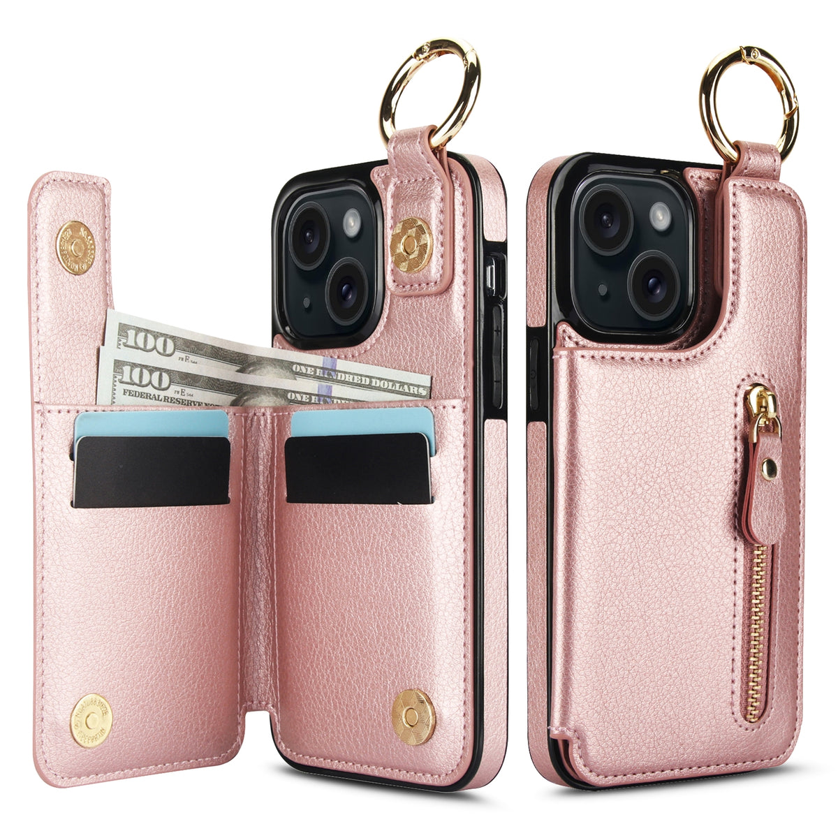 ELECTROPRIME For iPhone 15 Litchi Texture Zipper Double Buckle Card Bag Phone Case(Rose Gold)