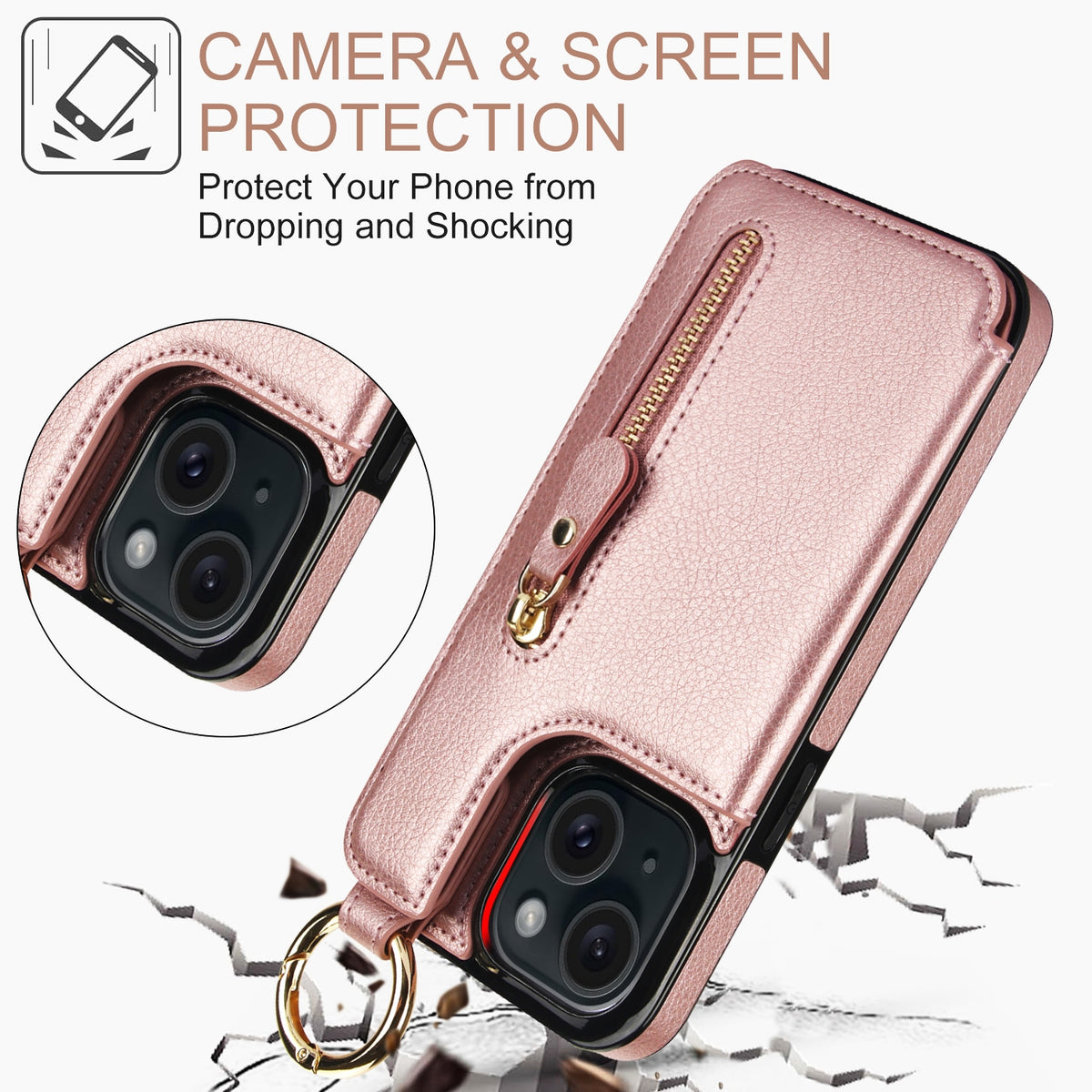 ELECTROPRIME For iPhone 15 Litchi Texture Zipper Double Buckle Card Bag Phone Case(Rose Gold)