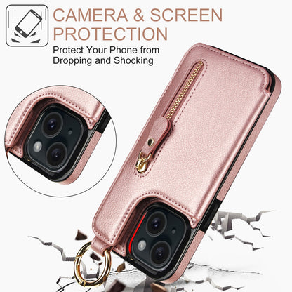 ELECTROPRIME For iPhone 15 Litchi Texture Zipper Double Buckle Card Bag Phone Case(Rose Gold)