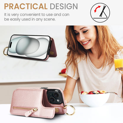 ELECTROPRIME For iPhone 15 Litchi Texture Zipper Double Buckle Card Bag Phone Case(Rose Gold)