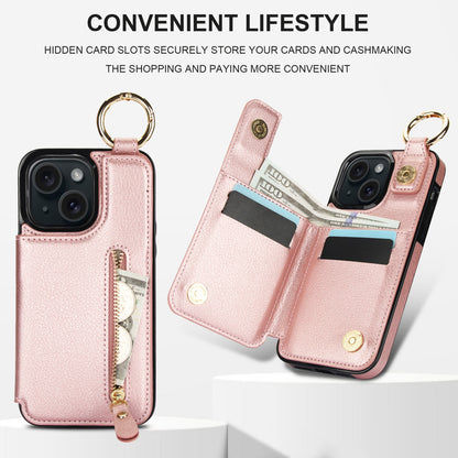 ELECTROPRIME For iPhone 15 Litchi Texture Zipper Double Buckle Card Bag Phone Case(Rose Gold)