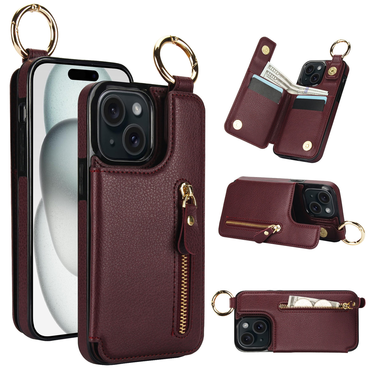 ELECTROPRIME For iPhone 15 Litchi Texture Zipper Double Buckle Card Bag Phone Case(Maroon Red)
