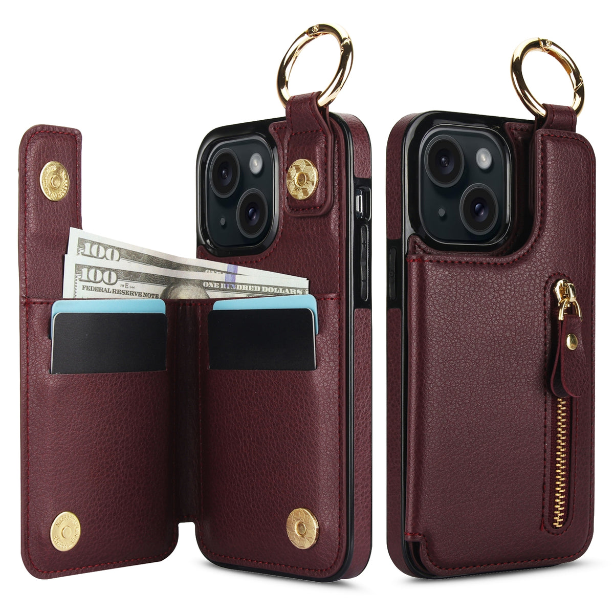 ELECTROPRIME For iPhone 15 Litchi Texture Zipper Double Buckle Card Bag Phone Case(Maroon Red)