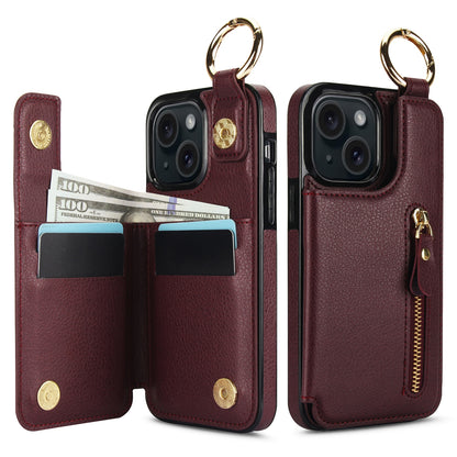 ELECTROPRIME For iPhone 15 Litchi Texture Zipper Double Buckle Card Bag Phone Case(Maroon Red)