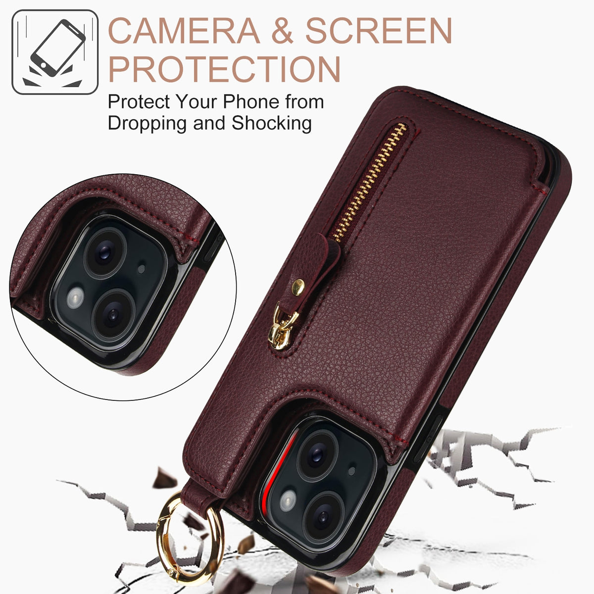 ELECTROPRIME For iPhone 15 Litchi Texture Zipper Double Buckle Card Bag Phone Case(Maroon Red)