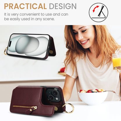 ELECTROPRIME For iPhone 15 Litchi Texture Zipper Double Buckle Card Bag Phone Case(Maroon Red)