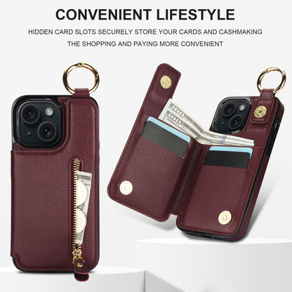 ELECTROPRIME For iPhone 15 Litchi Texture Zipper Double Buckle Card Bag Phone Case(Maroon Red)