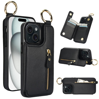 ELECTROPRIME For iPhone 15 Litchi Texture Zipper Double Buckle Card Bag Phone Case(Black)
