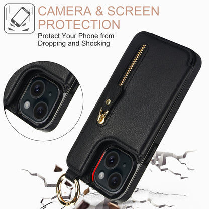 ELECTROPRIME For iPhone 15 Litchi Texture Zipper Double Buckle Card Bag Phone Case(Black)