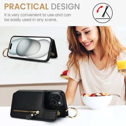 ELECTROPRIME For iPhone 15 Litchi Texture Zipper Double Buckle Card Bag Phone Case(Black)
