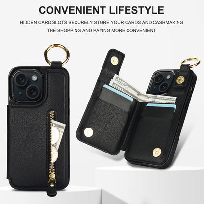ELECTROPRIME For iPhone 15 Litchi Texture Zipper Double Buckle Card Bag Phone Case(Black)