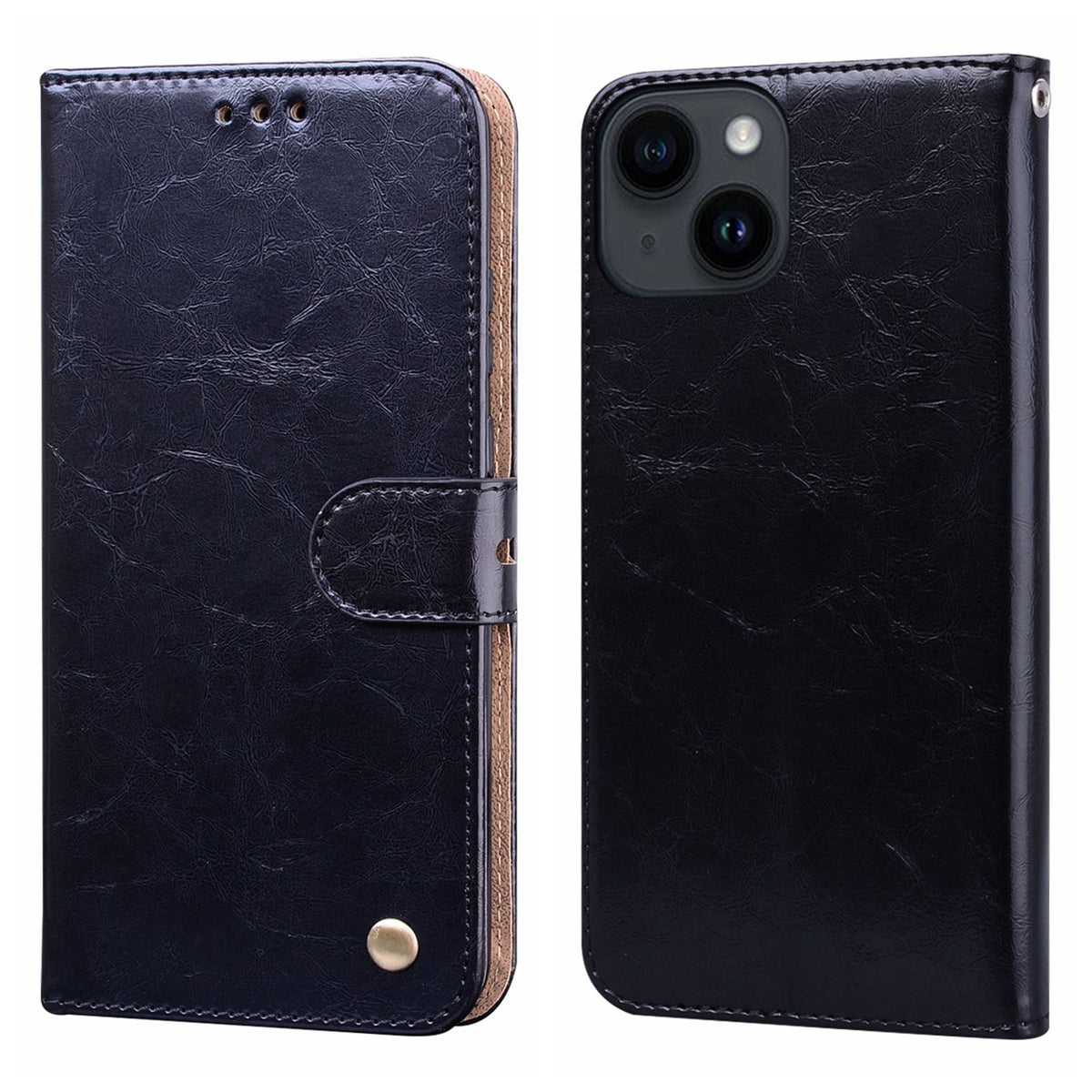 ELECTROPRIME Oil Wax Texture Shockproof Flip Leather Phone Case For iPhone 15(Black)