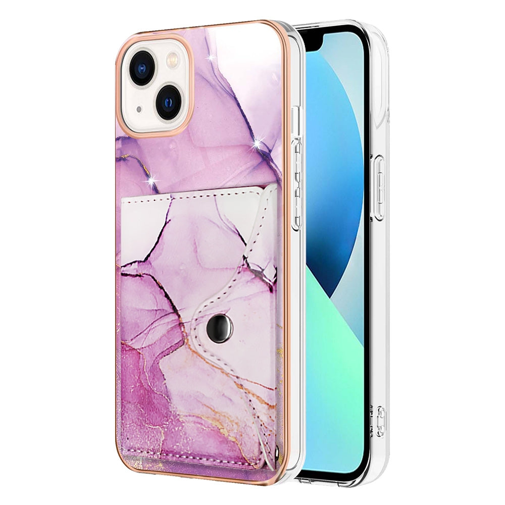 ELECTROPRIME For iPhone 15 Plus Marble Pattern IMD Card Slot Phone Case(Pink Purple Gold)