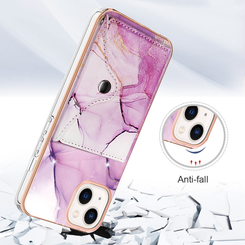 ELECTROPRIME For iPhone 15 Plus Marble Pattern IMD Card Slot Phone Case(Pink Purple Gold)