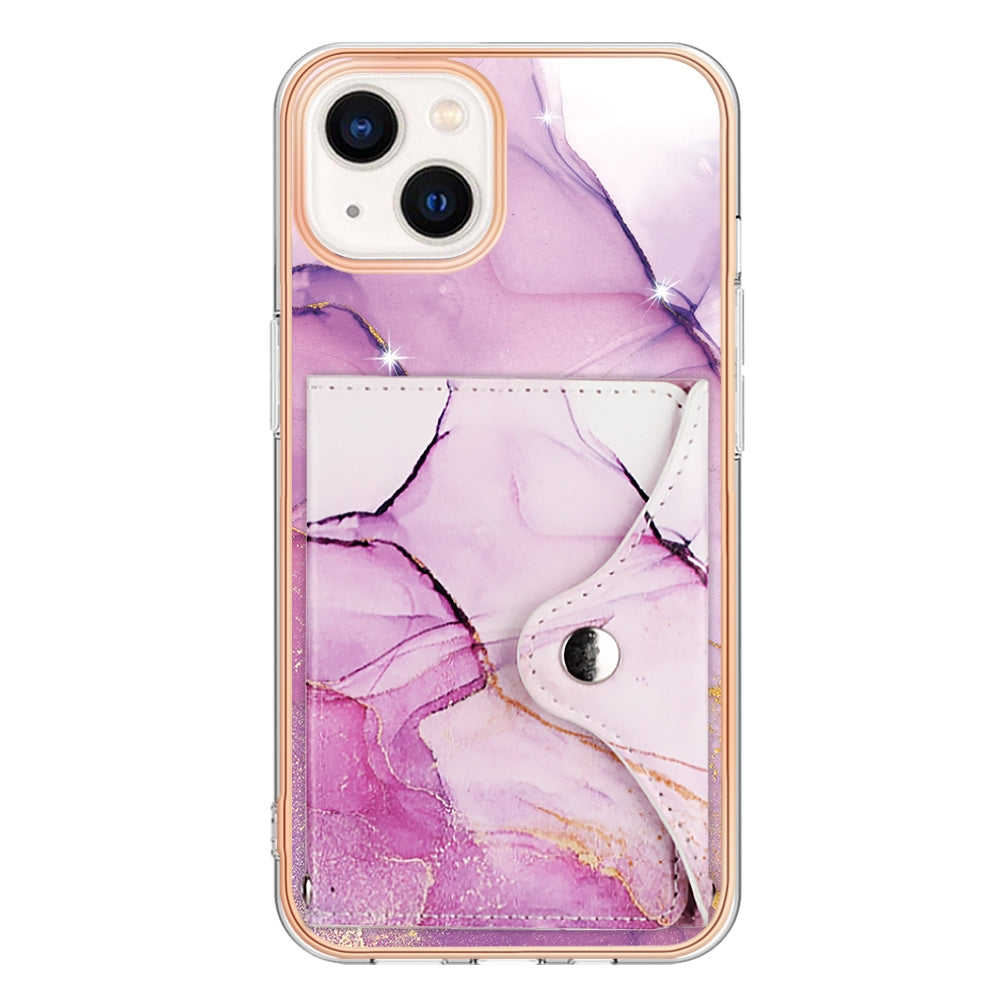 ELECTROPRIME For iPhone 15 Plus Marble Pattern IMD Card Slot Phone Case(Pink Purple Gold)