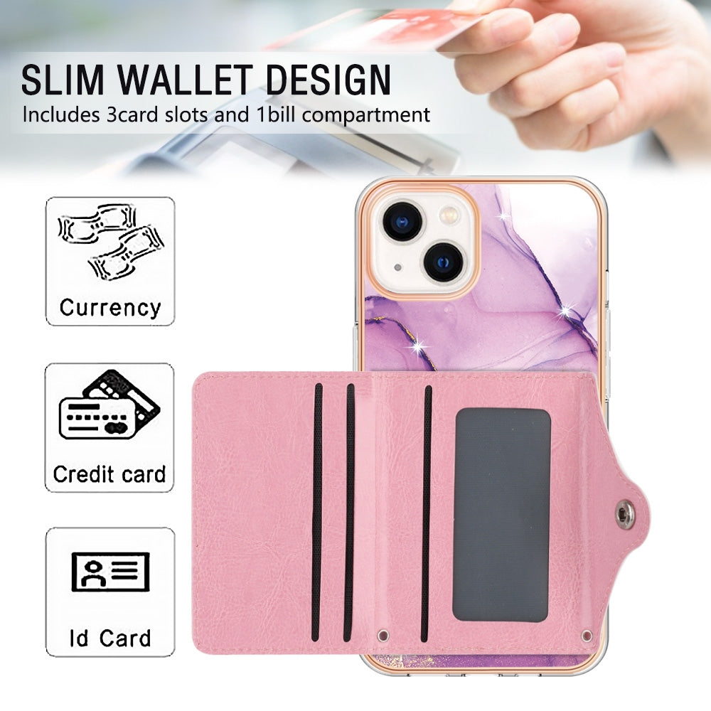 ELECTROPRIME For iPhone 15 Plus Marble Pattern IMD Card Slot Phone Case(Pink Purple Gold)