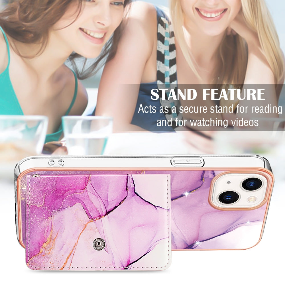 ELECTROPRIME For iPhone 15 Plus Marble Pattern IMD Card Slot Phone Case(Pink Purple Gold)