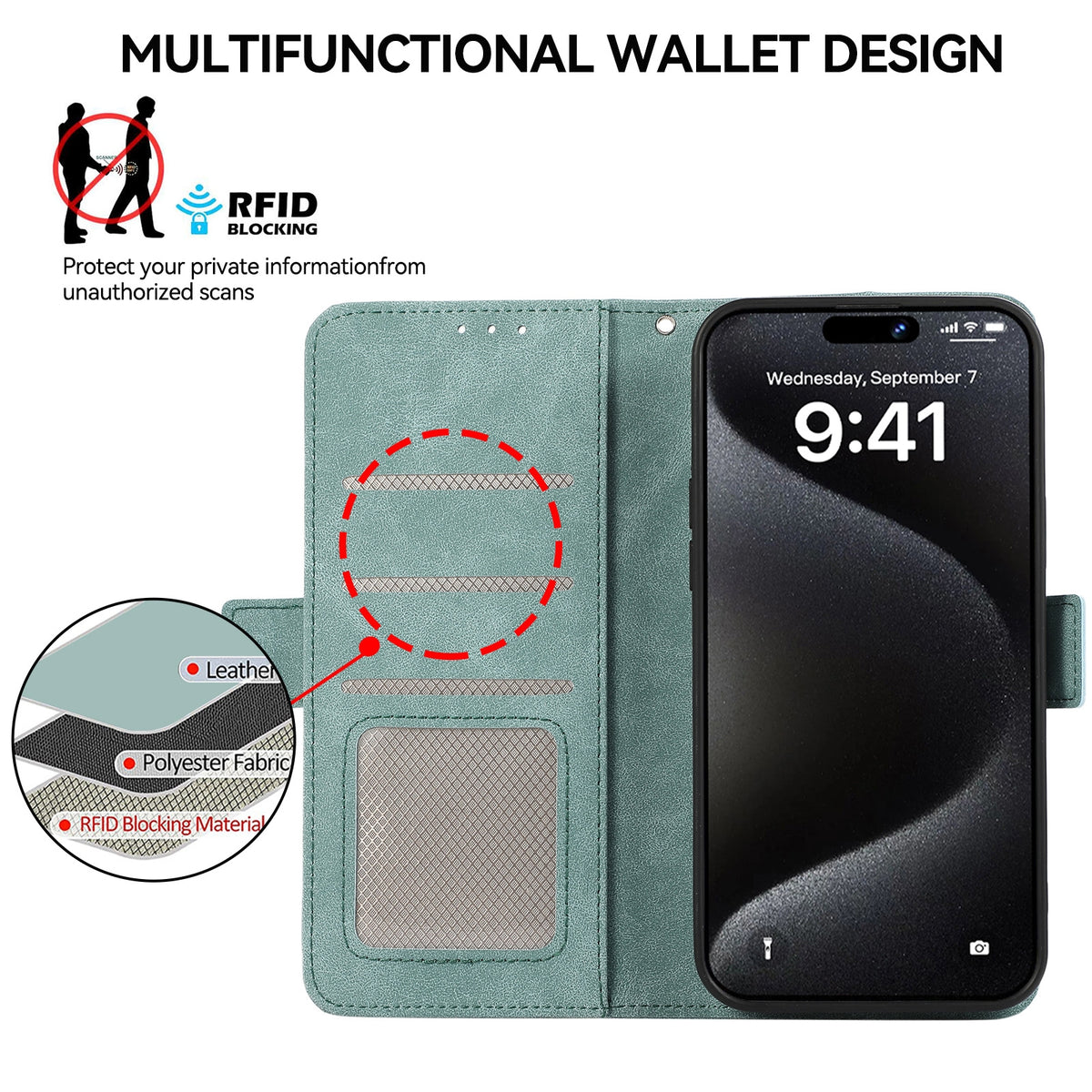 ELECTROPRIME For iPhone 15 Plus ABEEL Frosted Magnetic RFID Leather Phone Case(Cyan)