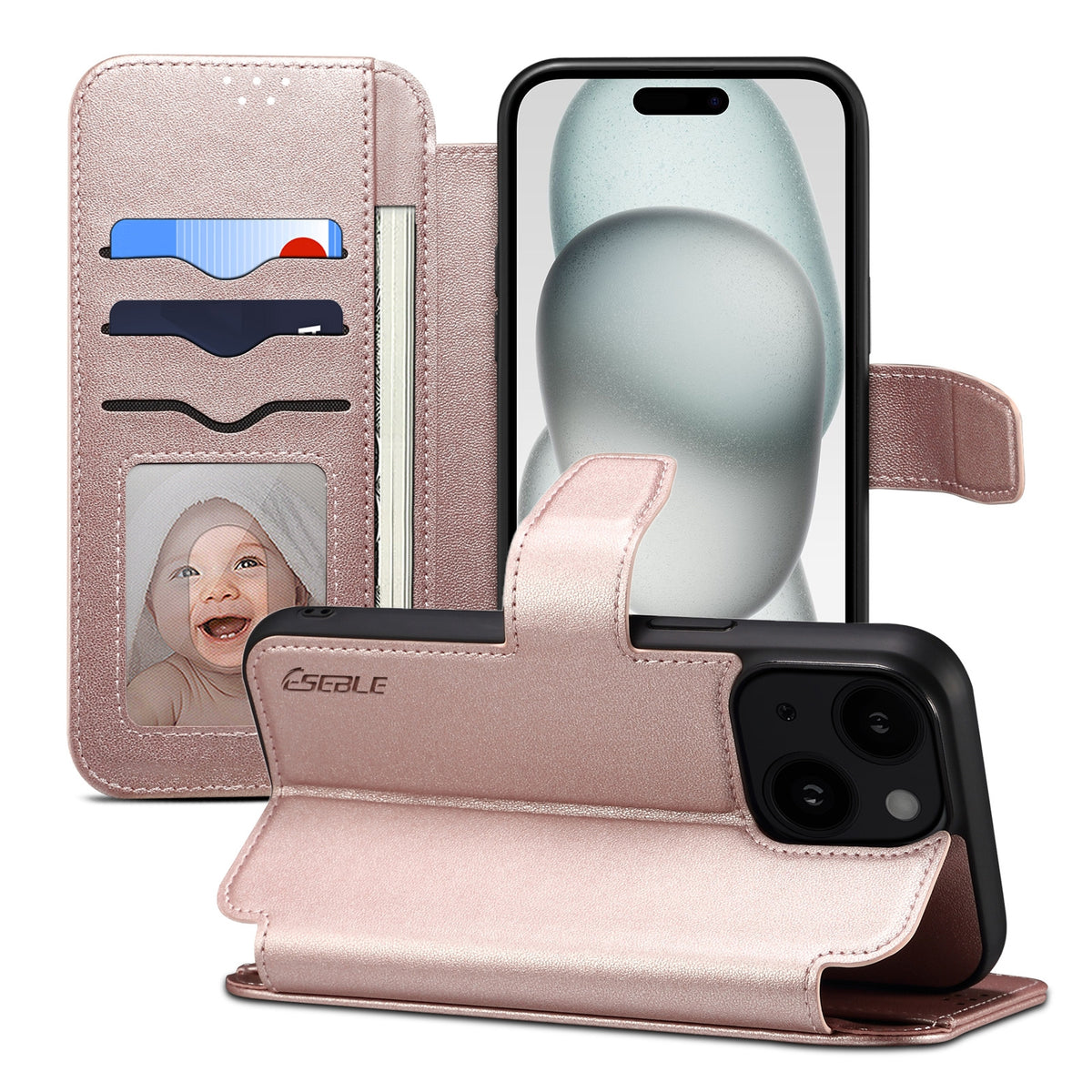 ELECTROPRIME For iPhone 15 ESEBLE E1 Nappa Texture MagSafe Holder Leather Phone Case(Rose Gold)