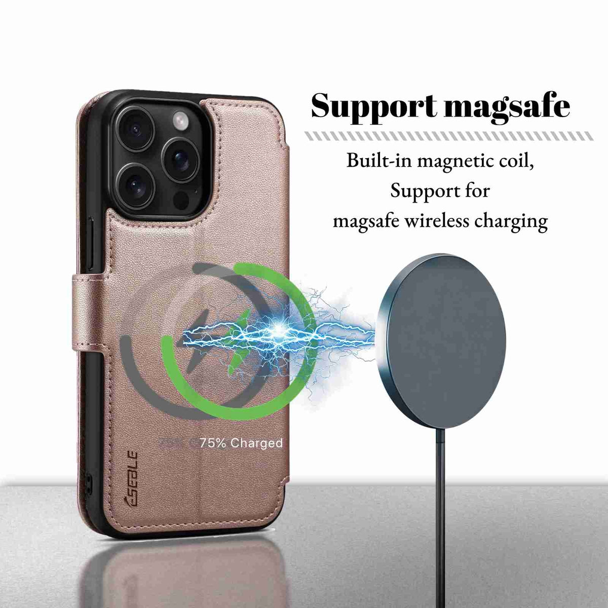 ELECTROPRIME For iPhone 15 ESEBLE E1 Nappa Texture MagSafe Holder Leather Phone Case(Rose Gold)