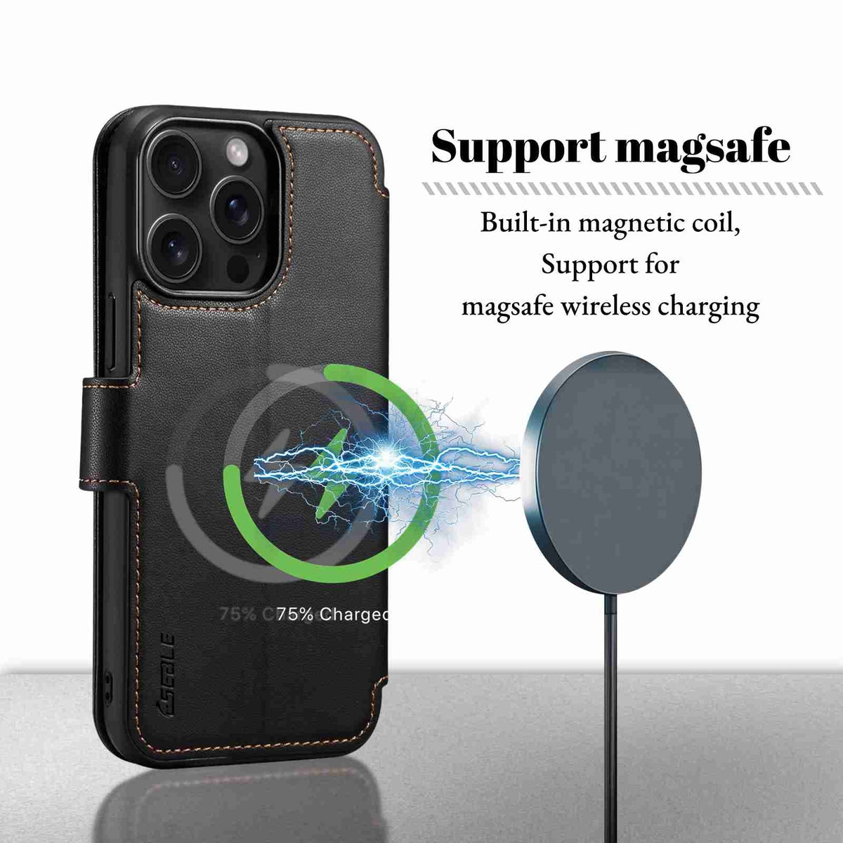 ELECTROPRIME For iPhone 15 ESEBLE E1 Nappa Texture MagSafe Holder Leather Phone Case(Black)