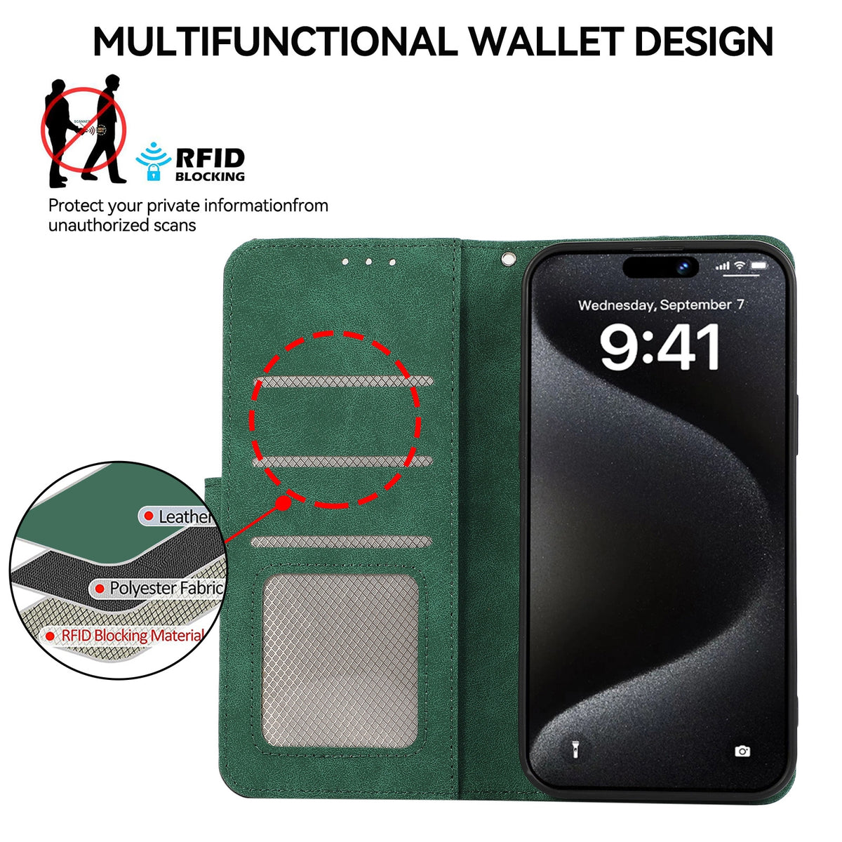 ELECTROPRIME For iPhone 15 Plus ABEEL Color Block Magnetic RFID Leather Phone Case(Green-Black)