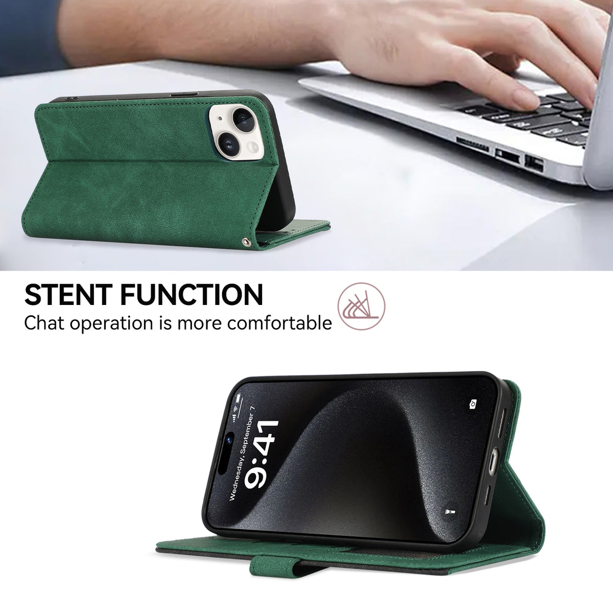 ELECTROPRIME For iPhone 15 Plus ABEEL Color Block Magnetic RFID Leather Phone Case(Green-Black)