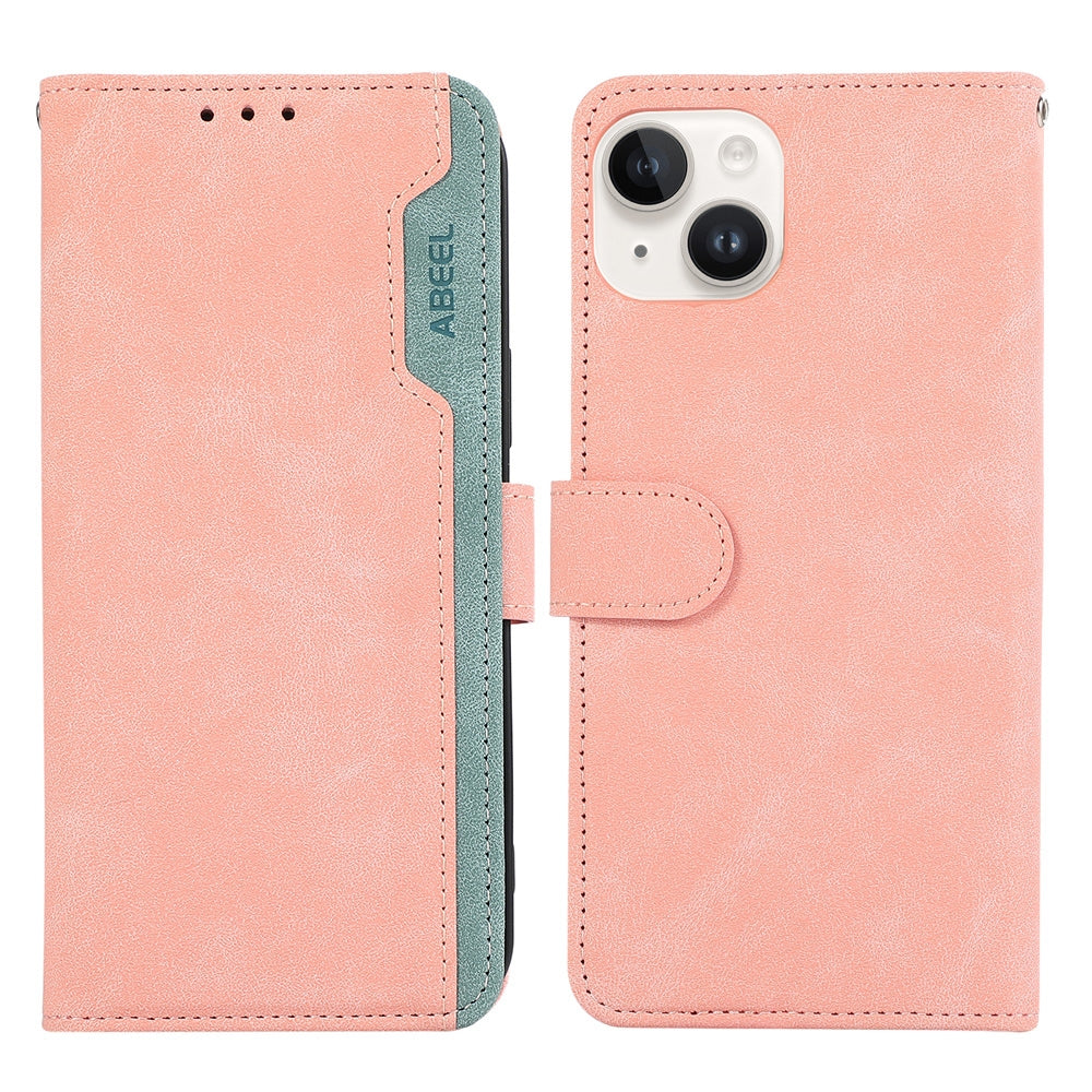 ELECTROPRIME For iPhone 15 ABEEL Color Block Magnetic RFID Leather Phone Case(Pink-Cyan)