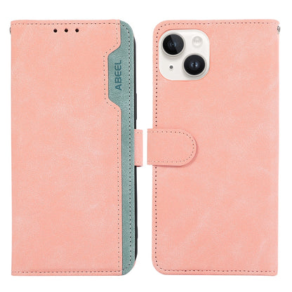 ELECTROPRIME For iPhone 15 ABEEL Color Block Magnetic RFID Leather Phone Case(Pink-Cyan)