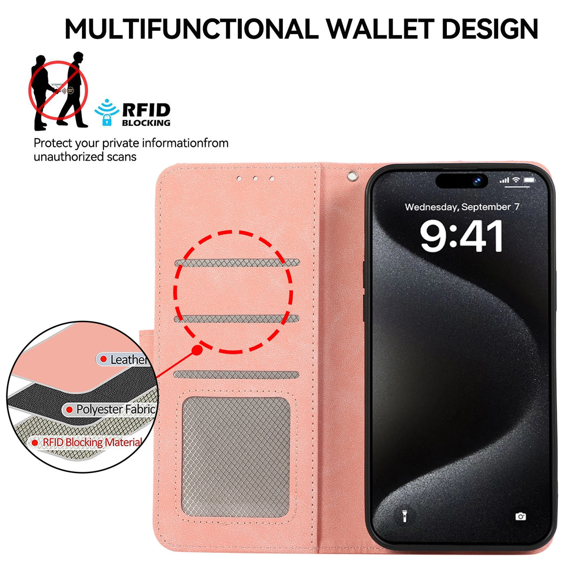 ELECTROPRIME For iPhone 15 ABEEL Color Block Magnetic RFID Leather Phone Case(Pink-Cyan)