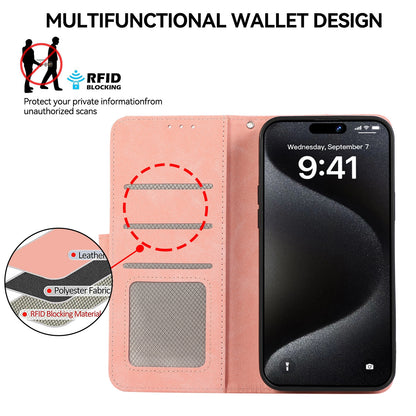ELECTROPRIME For iPhone 15 ABEEL Color Block Magnetic RFID Leather Phone Case(Pink-Cyan)