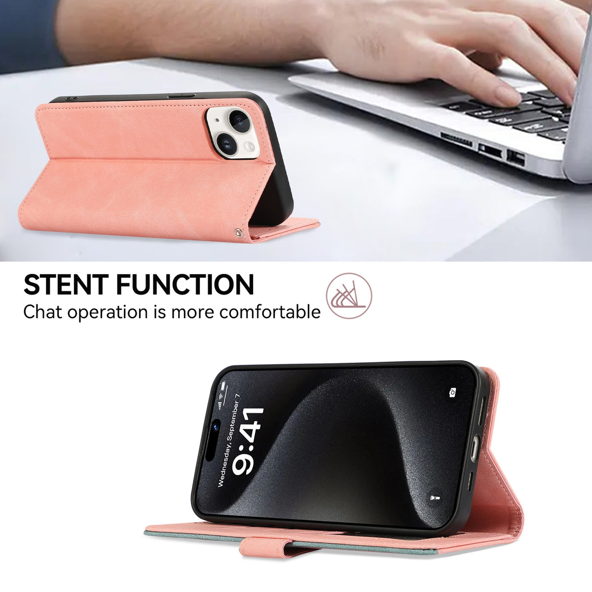 ELECTROPRIME For iPhone 15 ABEEL Color Block Magnetic RFID Leather Phone Case(Pink-Cyan)