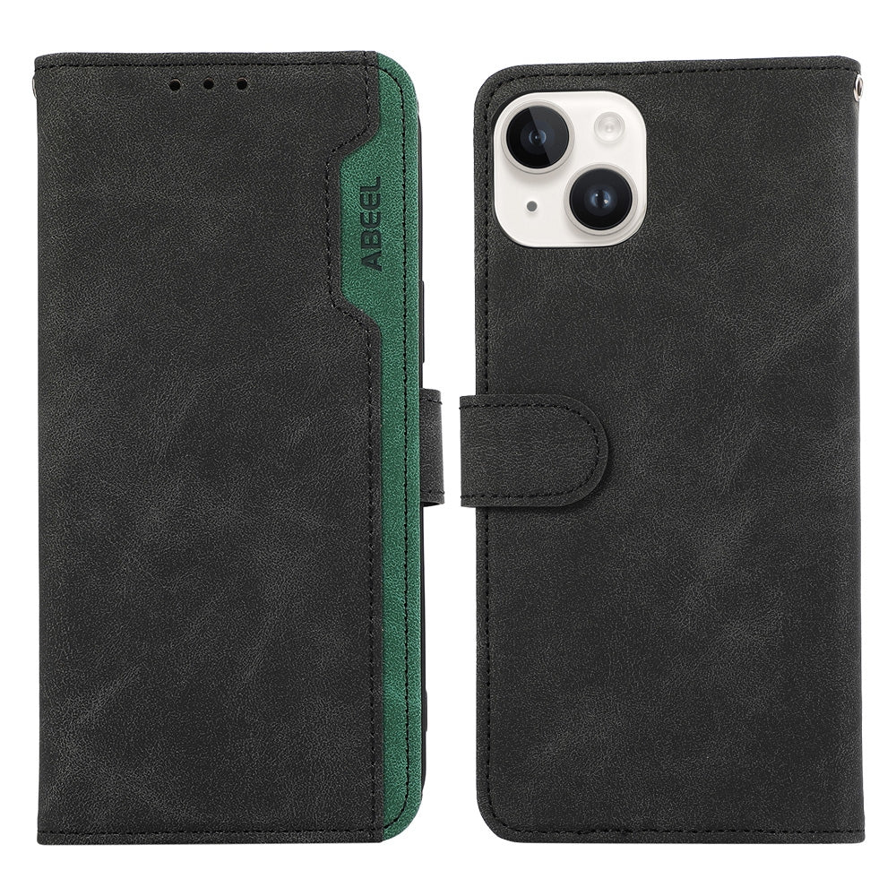 ELECTROPRIME For iPhone 15 ABEEL Color Block Magnetic RFID Leather Phone Case(Black-Green)
