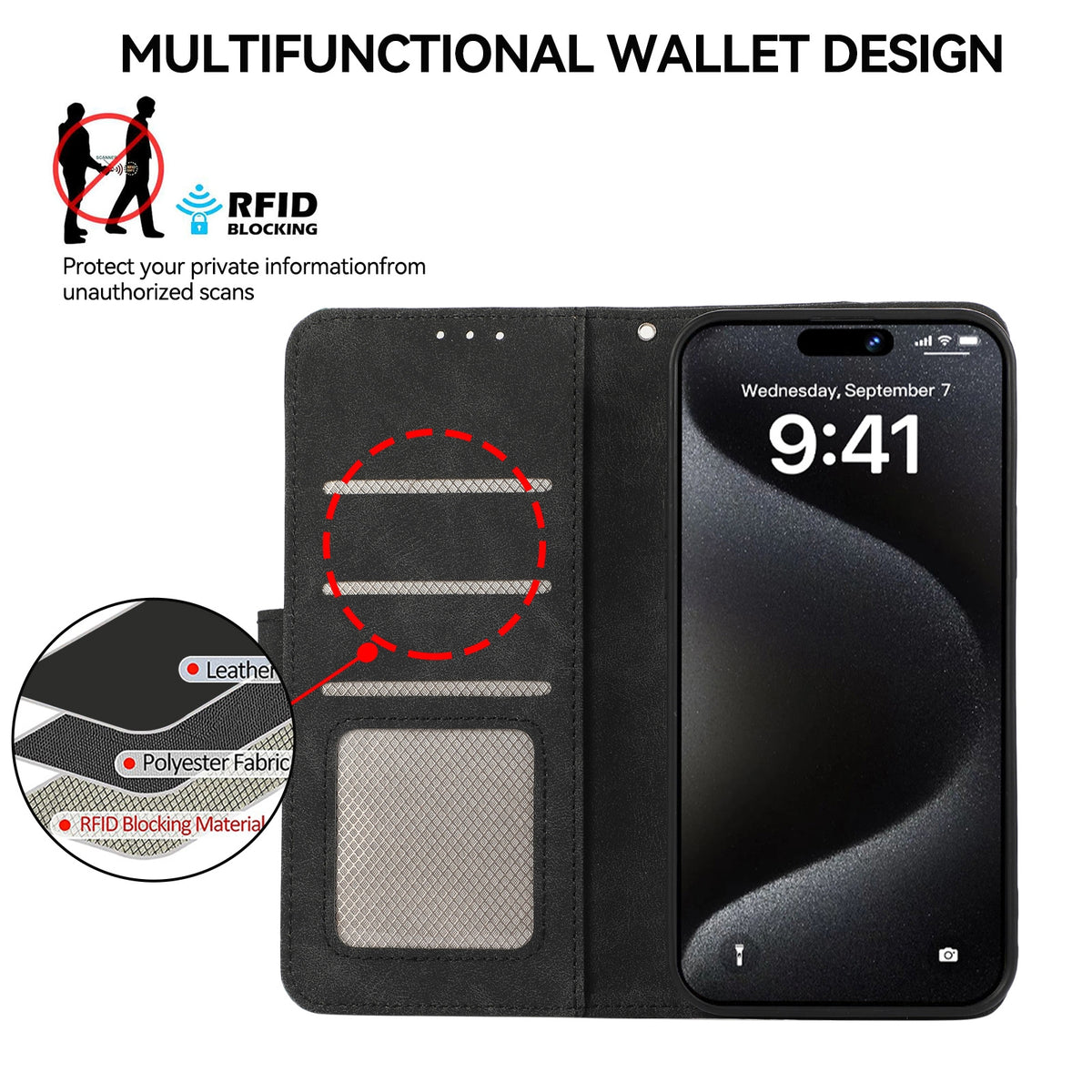ELECTROPRIME For iPhone 15 ABEEL Color Block Magnetic RFID Leather Phone Case(Black-Green)